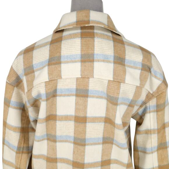 Avec Les Filles Jacket Womens XS Beige Ivory Blue Plaid Flannel Top Shacket New - Picture 7 of 16